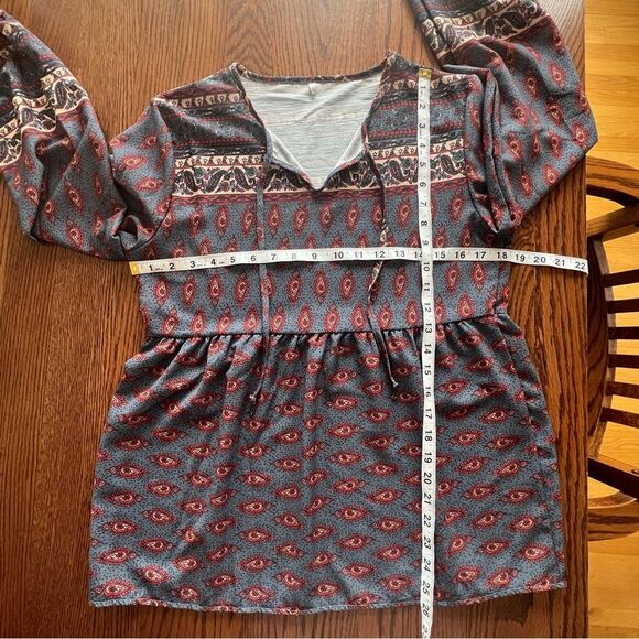 Boho Peasant Blue Long Sleeve Keyhole Tie Peplum Blouse Size Large - Picture 8 of 9